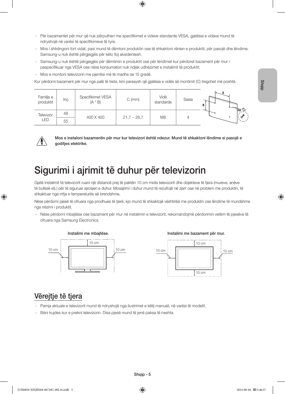 Sigurimi i ajrimit të duhur për televizorin, Vërejtje të tjera | Samsung UE48H6850AW User Manual | Page 225 / 354