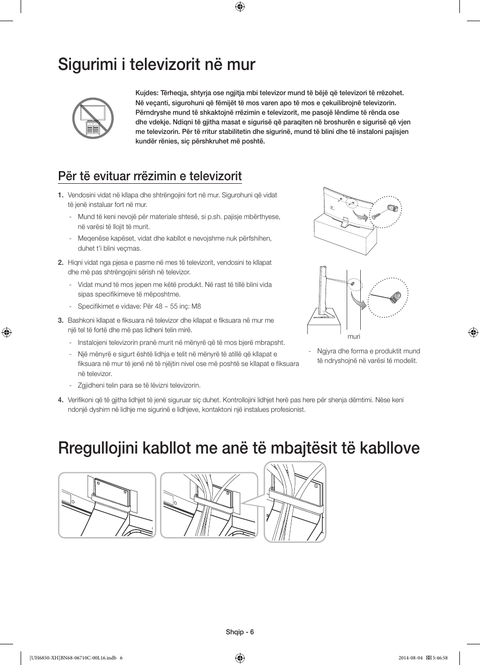 Sigurimi i televizorit në mur, Për të evituar rrëzimin e televizorit | Samsung UE48H6850AW User Manual | Page 226 / 354