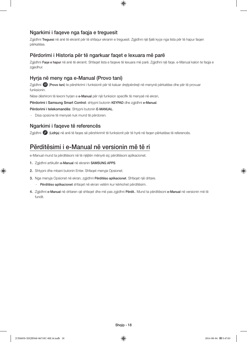 Përditësimi i e-manual në versionin më të ri, Ngarkimi i faqeve nga faqja e treguesit, Hyrja në meny nga e-manual (provo tani) | Ngarkimi i faqeve të referencës | Samsung UE48H6850AW User Manual | Page 238 / 354