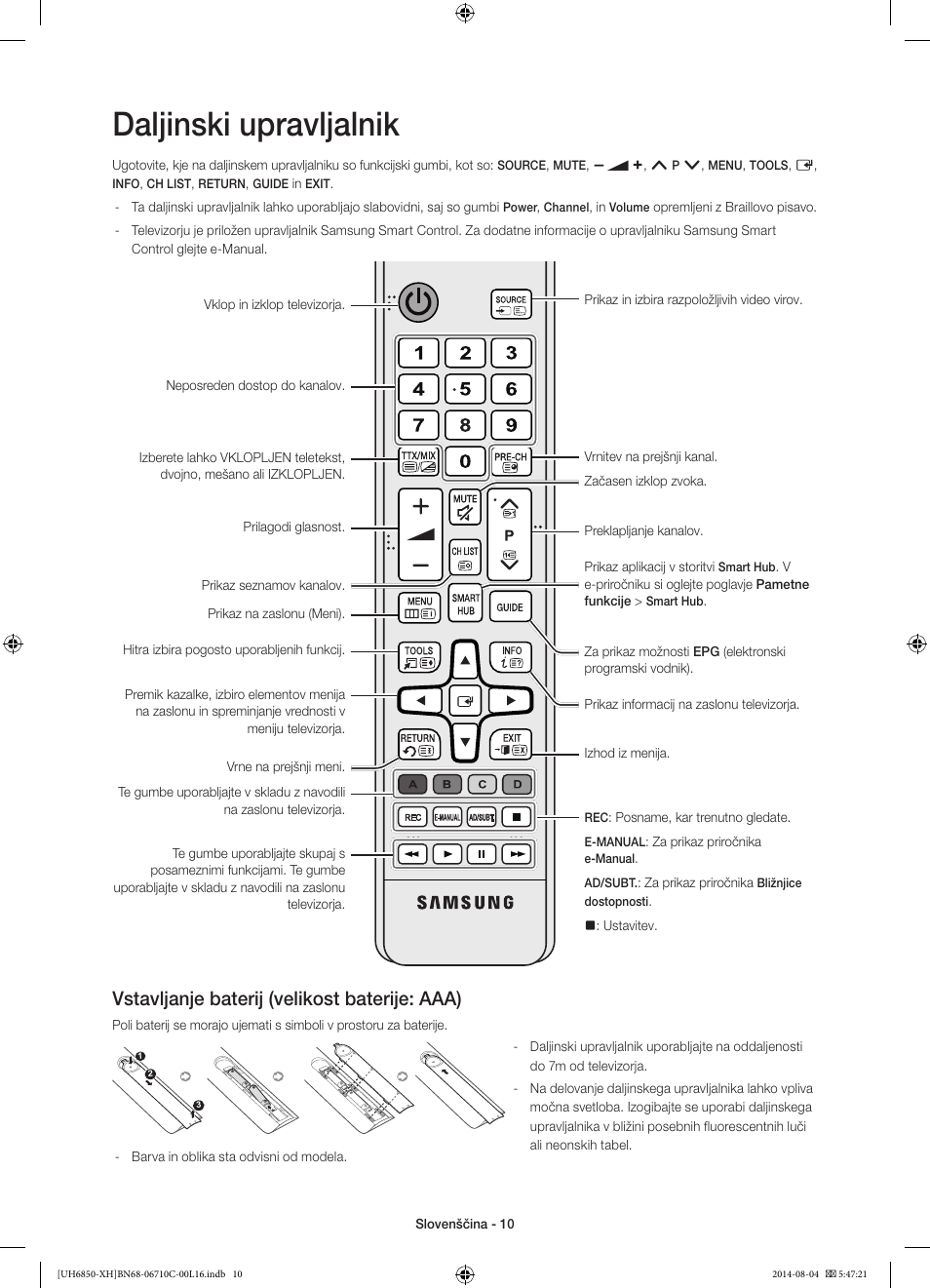 Daljinski upravljalnik, Vstavljanje baterij (velikost baterije: aaa) | Samsung UE48H6850AW User Manual | Page 274 / 354