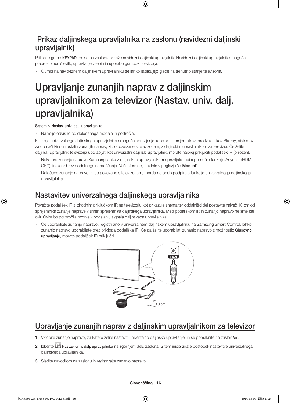 Nastavitev univerzalnega daljinskega upravljalnika | Samsung UE48H6850AW User Manual | Page 280 / 354