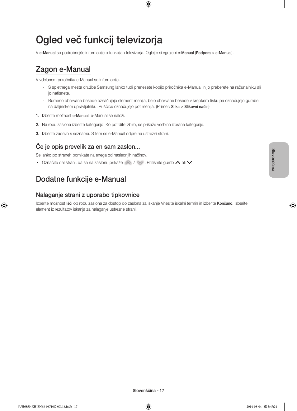 Ogled več funkcij televizorja, Zagon e-manual, Dodatne funkcije e-manual | Če je opis prevelik za en sam zaslon, Nalaganje strani z uporabo tipkovnice | Samsung UE48H6850AW User Manual | Page 281 / 354