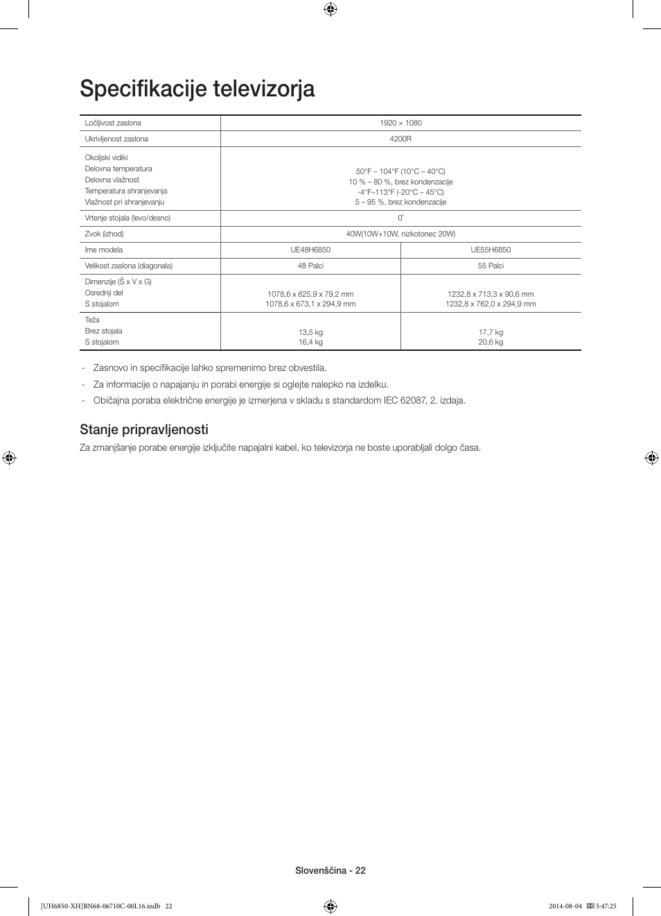 Specifikacije televizorja, Stanje pripravljenosti | Samsung UE48H6850AW User Manual | Page 286 / 354