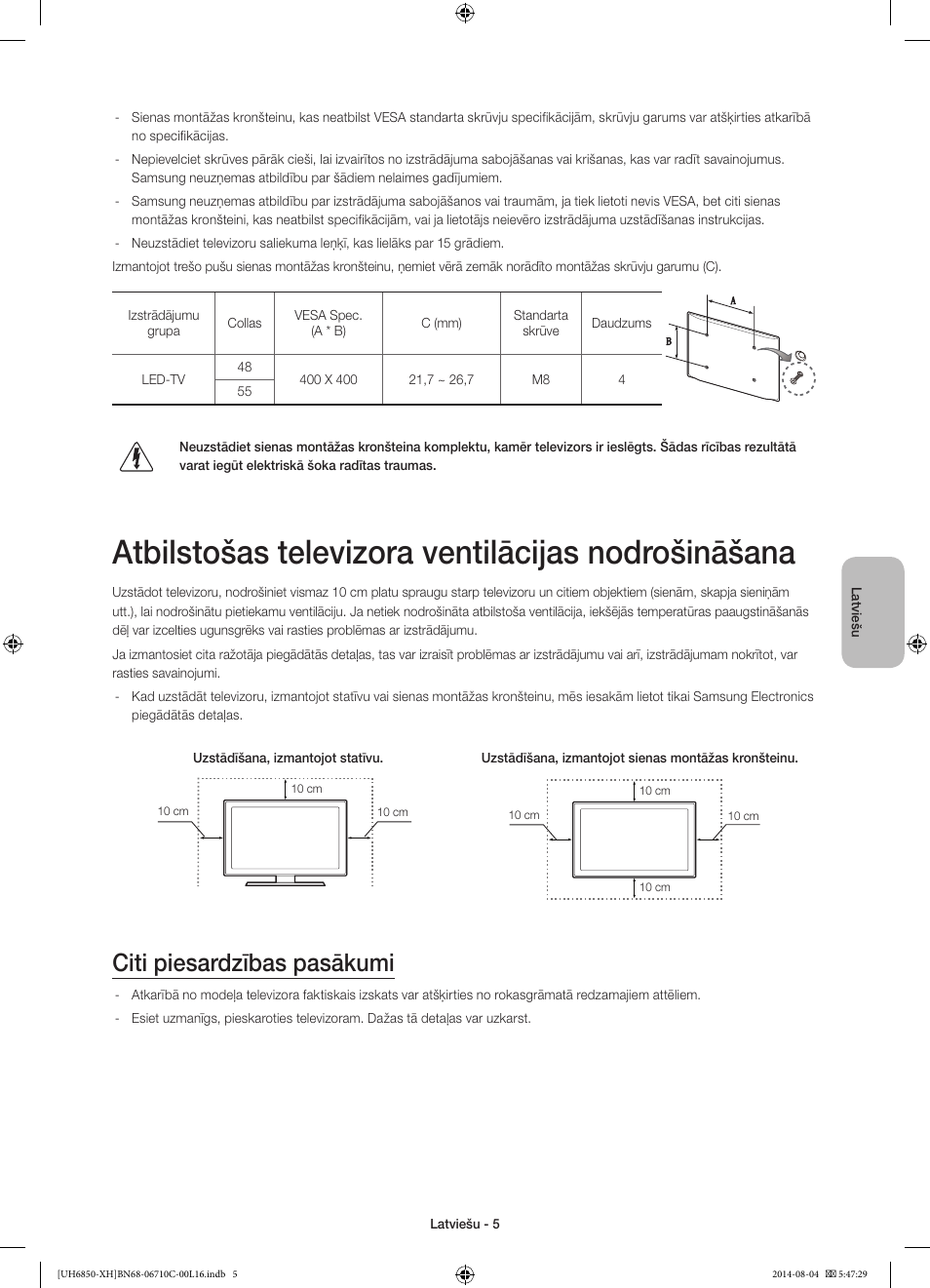 Atbilstošas televizora ventilācijas nodrošināšana, Citi piesardzības pasākumi | Samsung UE48H6850AW User Manual | Page 291 / 354