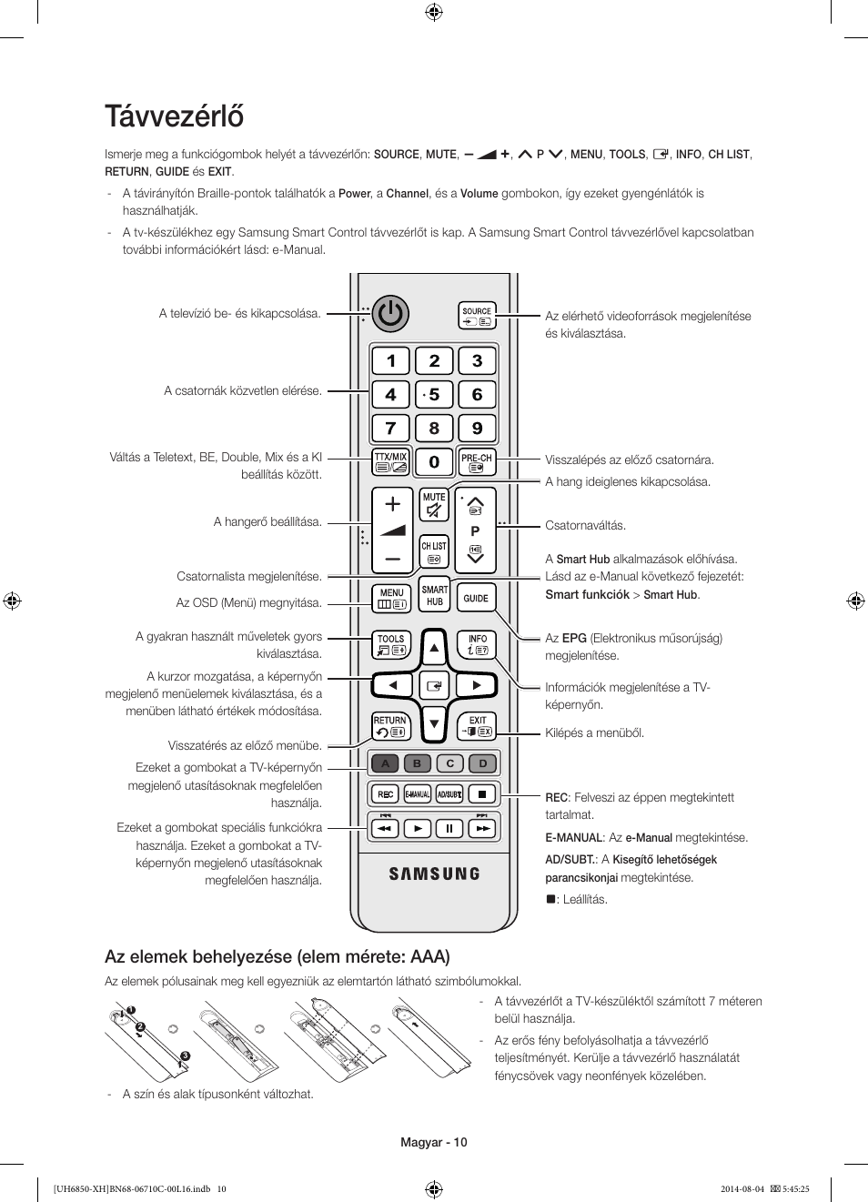 Távvezérlő, Az elemek behelyezése (elem mérete: aaa) | Samsung UE48H6850AW User Manual | Page 32 / 354