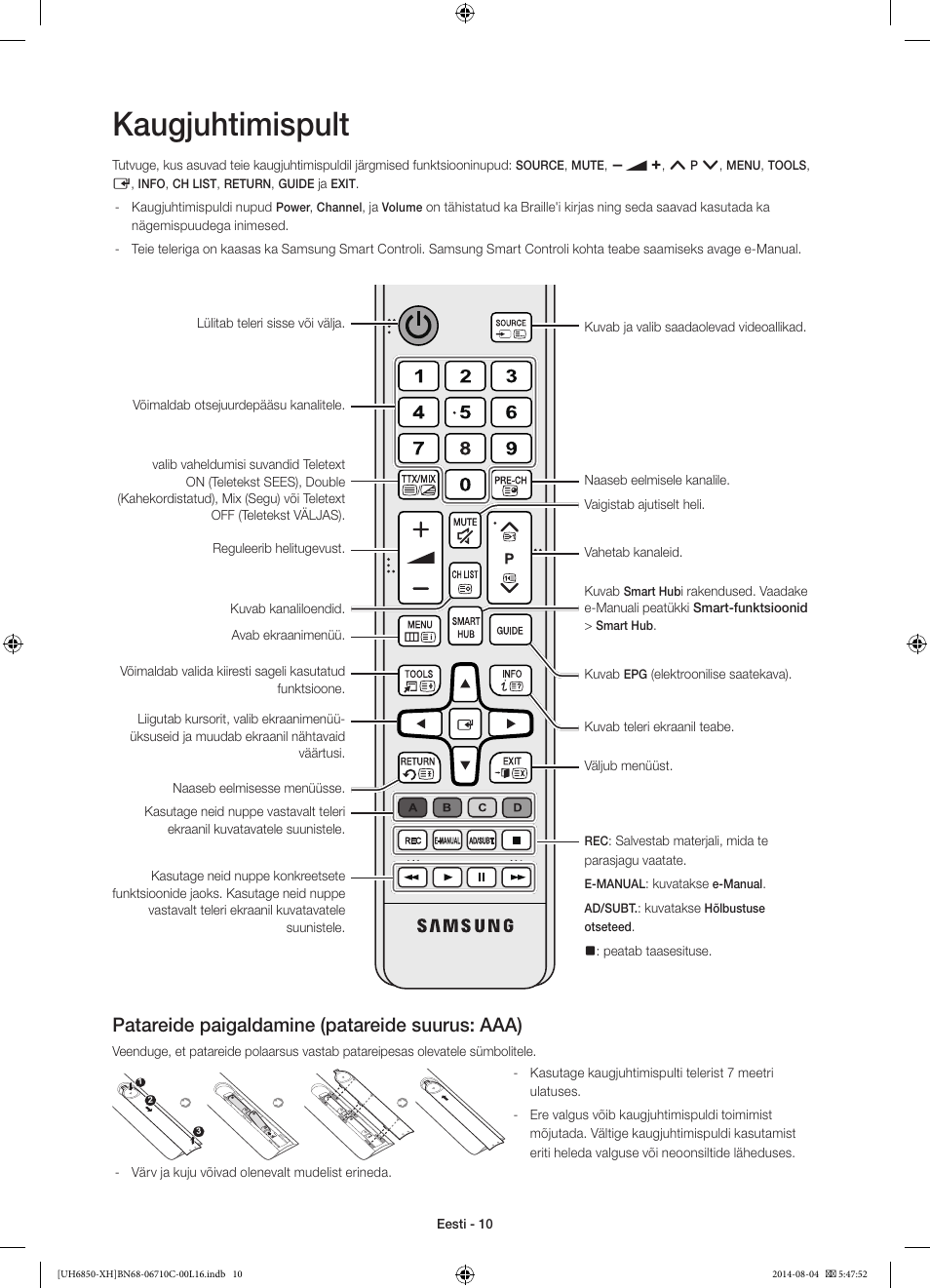 Kaugjuhtimispult, Patareide paigaldamine (patareide suurus: aaa) | Samsung UE48H6850AW User Manual | Page 340 / 354