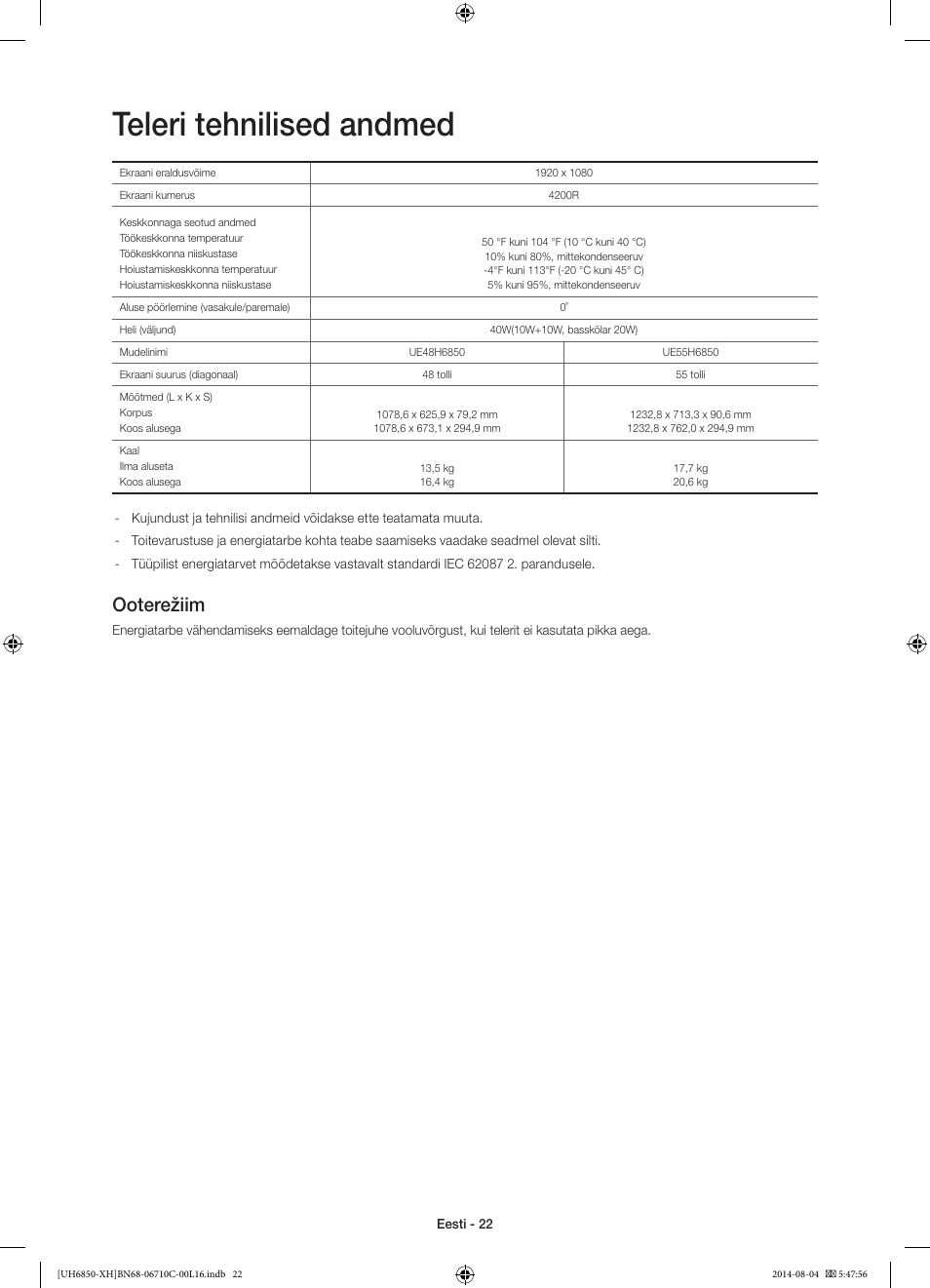 Teleri tehnilised andmed, Ooterežiim | Samsung UE48H6850AW User Manual | Page 352 / 354