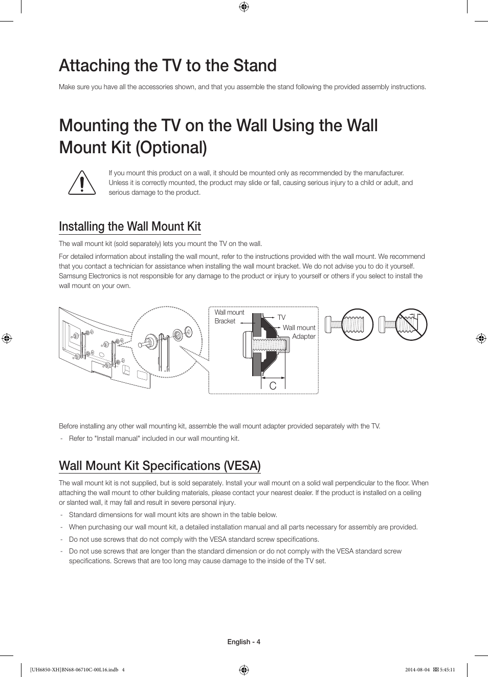 Attaching the tv to the stand, Installing the wall mount kit, Wall mount kit specifications (vesa) | Samsung UE48H6850AW User Manual | Page 4 / 354