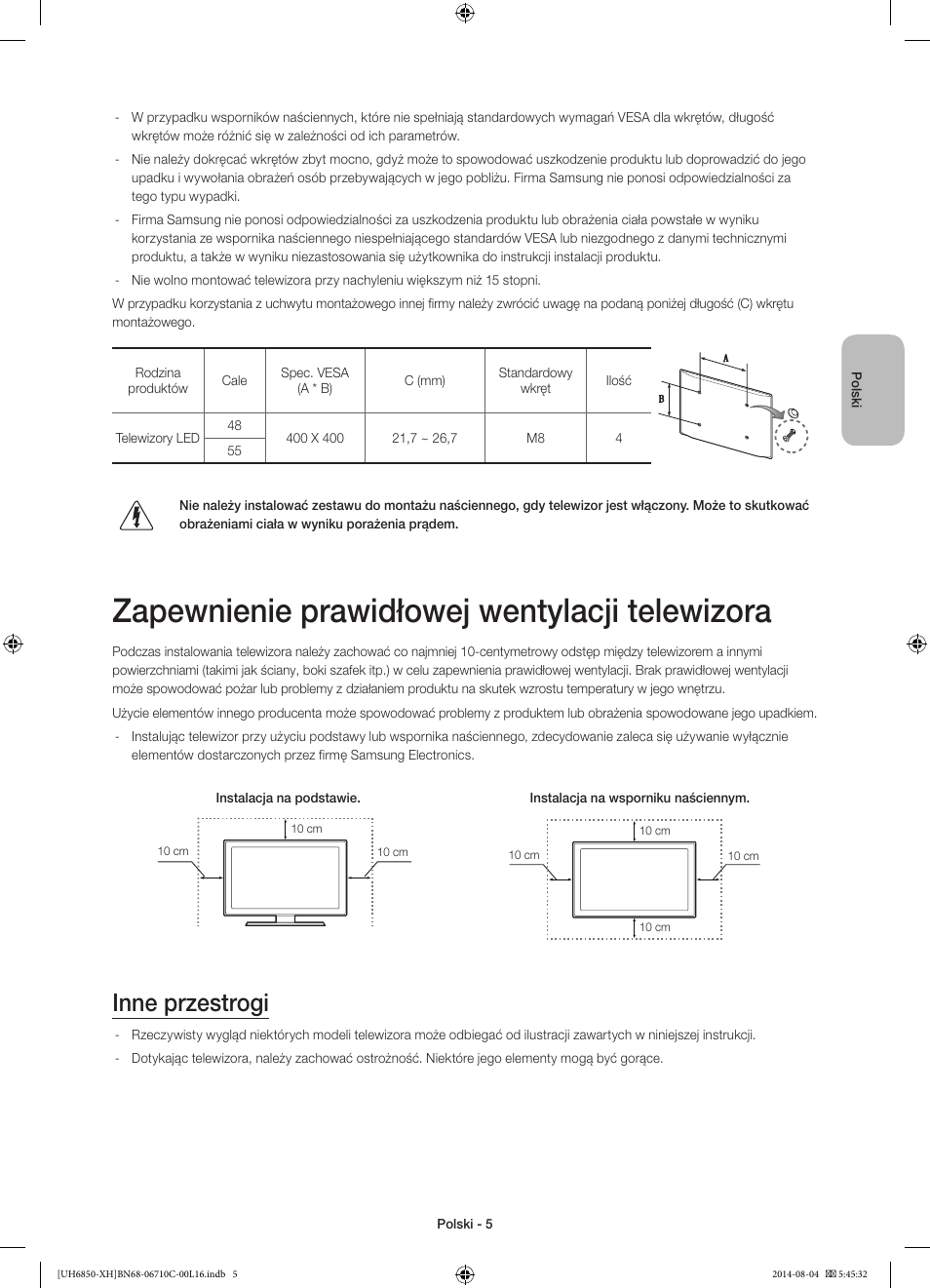 Zapewnienie prawidłowej wentylacji telewizora, Inne przestrogi | Samsung UE48H6850AW User Manual | Page 49 / 354