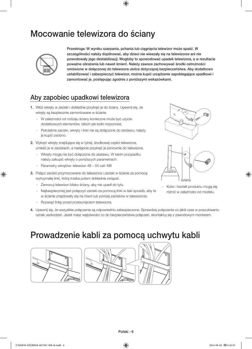 Mocowanie telewizora do ściany, Prowadzenie kabli za pomocą uchwytu kabli, Aby zapobiec upadkowi telewizora | Samsung UE48H6850AW User Manual | Page 50 / 354