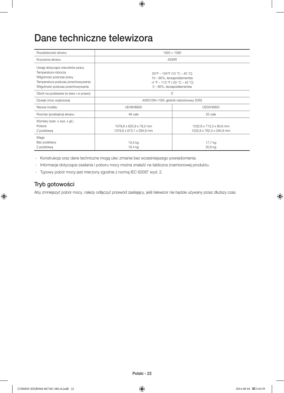 Dane techniczne telewizora, Tryb gotowości | Samsung UE48H6850AW User Manual | Page 66 / 354