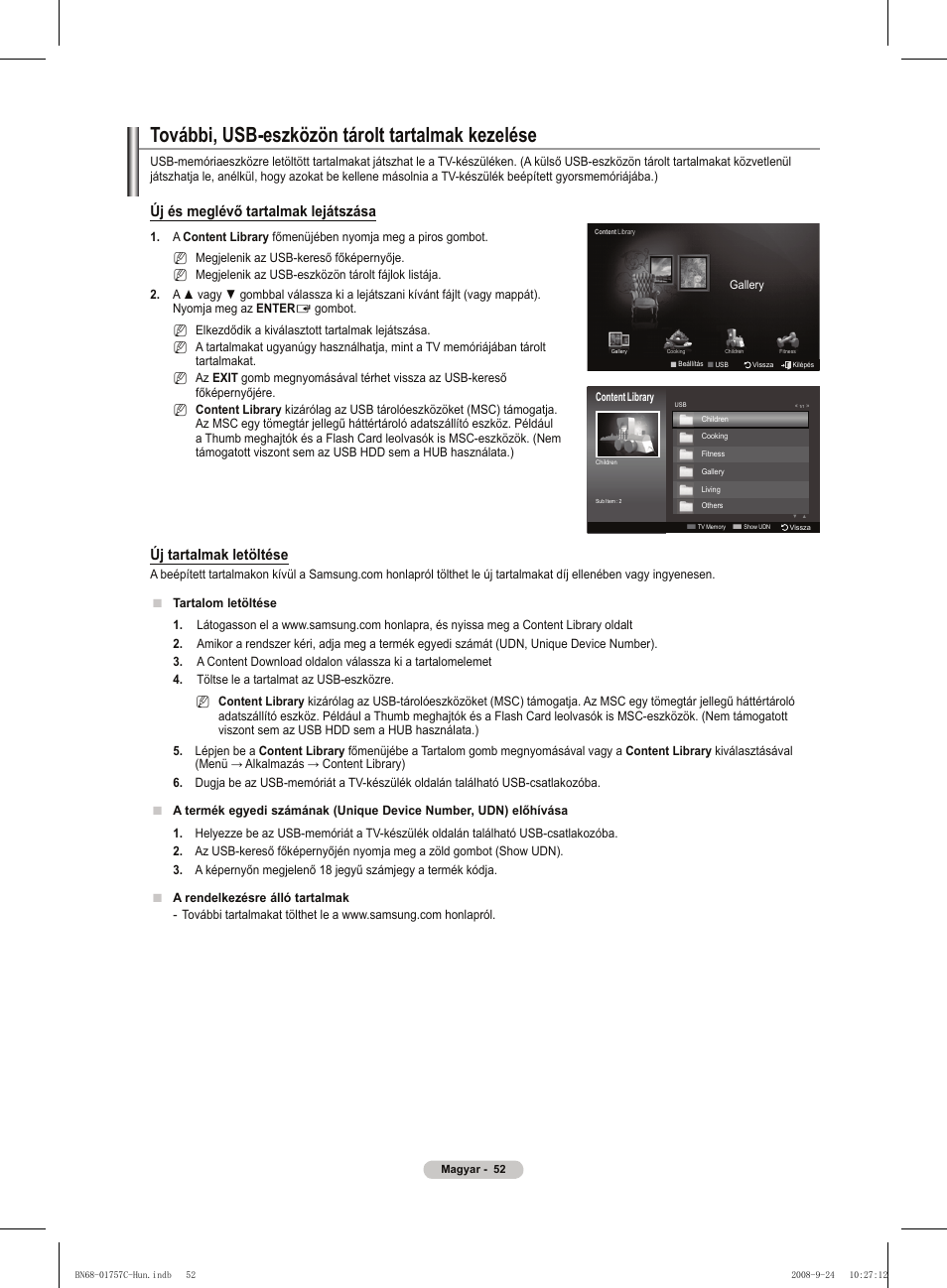 További, usb-eszközön tárolt tartalmak kezelése, Új és meglévő tartalmak lejátszása, Új tartalmak letöltése | Samsung PS50A756T1M User Manual | Page 115 / 503