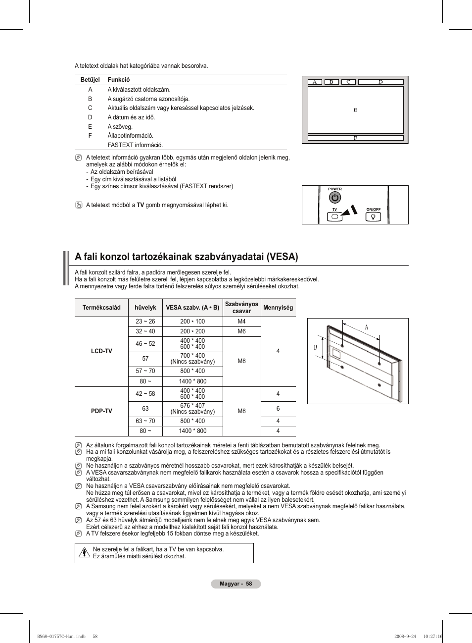 A fali konzol tartozékainak szabványadatai (vesa) | Samsung PS50A756T1M User Manual | Page 121 / 503