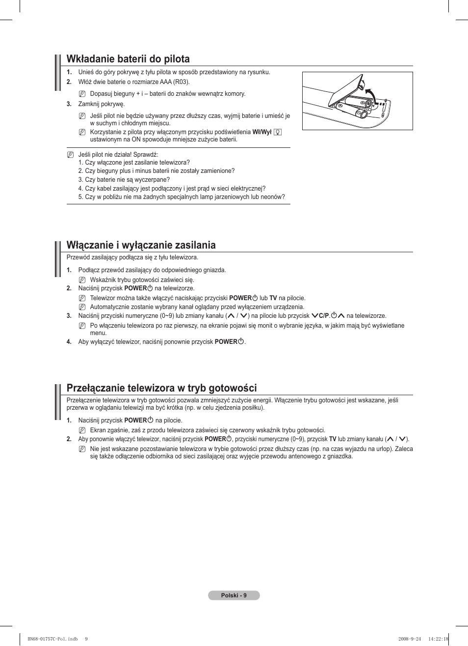 Wkładanie baterii do pilota, Włączanie i wyłączanie zasilania, Przełączanie telewizora w tryb gotowości | Samsung PS50A756T1M User Manual | Page 134 / 503