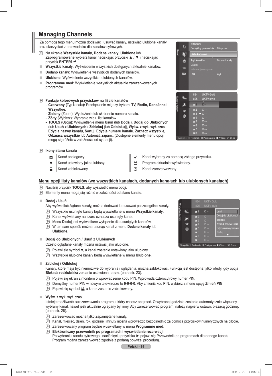 Managing channels | Samsung PS50A756T1M User Manual | Page 139 / 503
