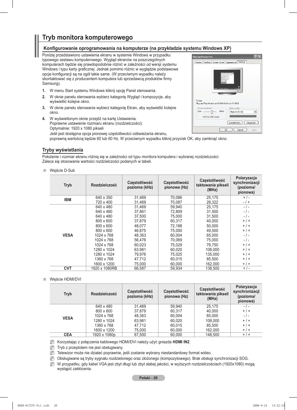 Tryb monitora komputerowego | Samsung PS50A756T1M User Manual | Page 145 / 503