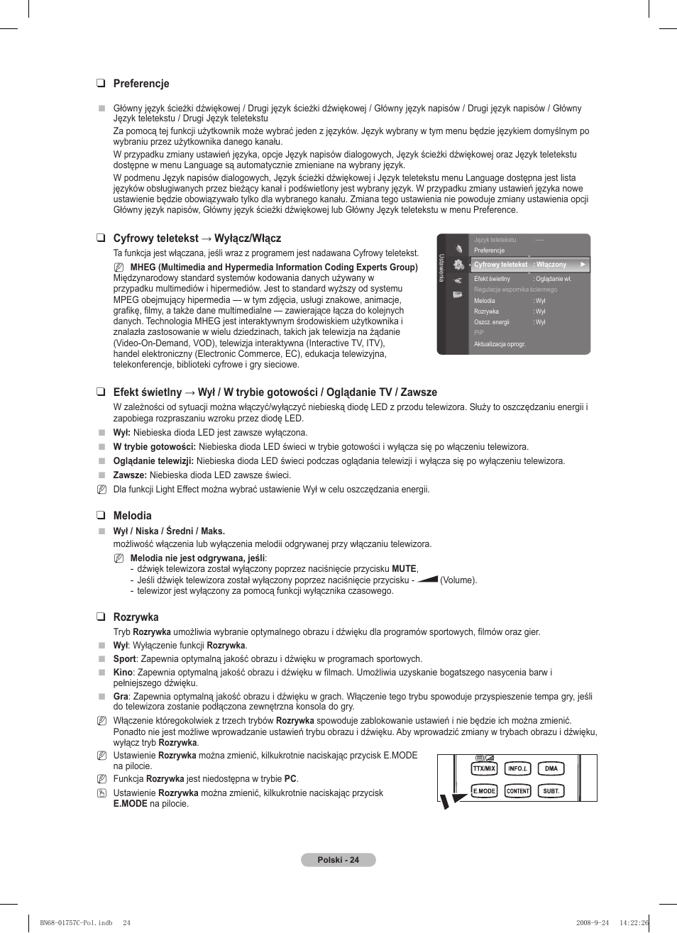 Preferencje, Cyfrowy teletekst → wyłącz/włącz, Melodia | Rozrywka | Samsung PS50A756T1M User Manual | Page 149 / 503