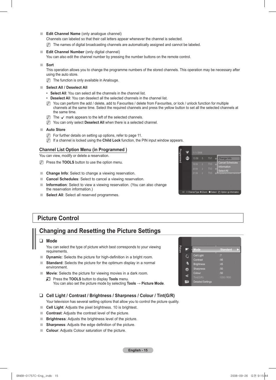 Channel list option menu (in programmed ), Mode | Samsung PS50A756T1M User Manual | Page 15 / 503