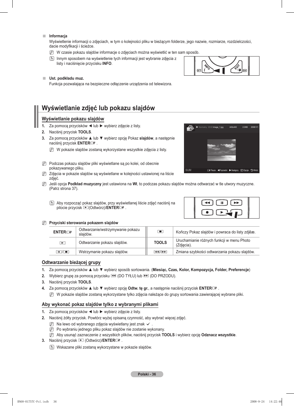 Wyświetlanie zdjęć lub pokazu slajdów, Wyświetlanie pokazu slajdów, Odtwarzanie bieżącej grupy | Samsung PS50A756T1M User Manual | Page 161 / 503