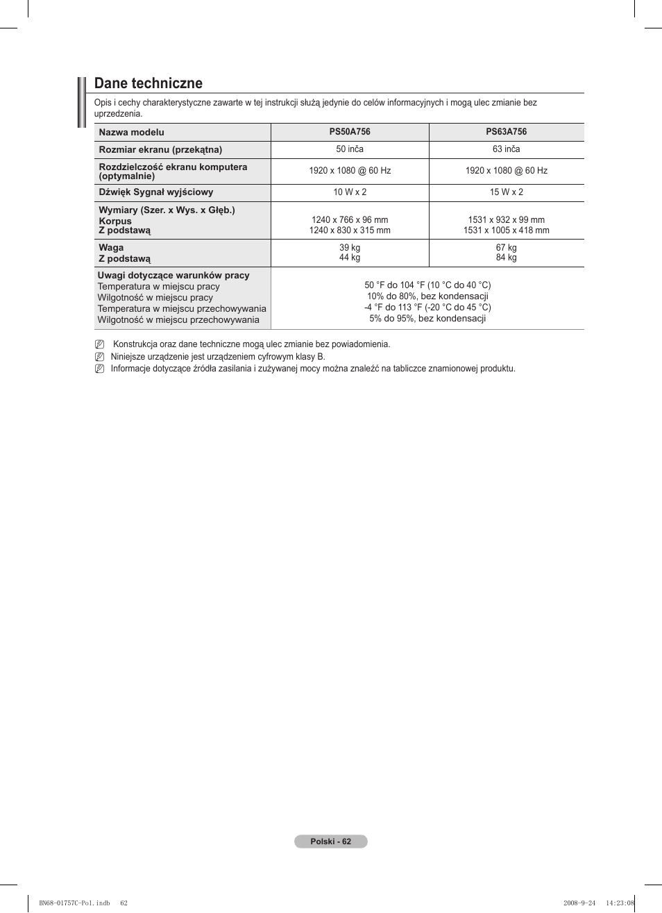 Dane techniczne | Samsung PS50A756T1M User Manual | Page 187 / 503