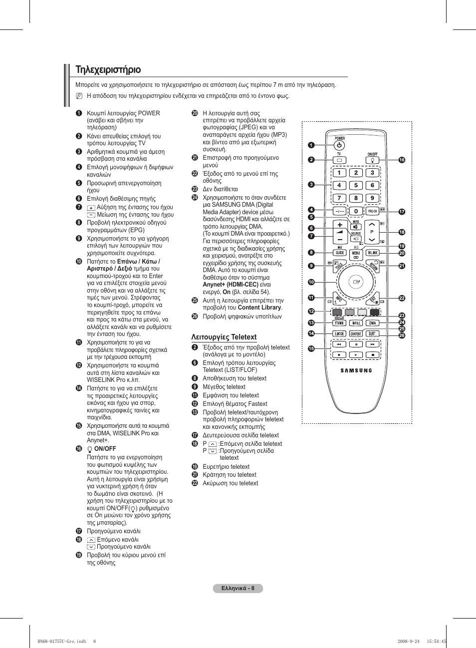 Τηλεχειριστήριο | Samsung PS50A756T1M User Manual | Page 200 / 503
