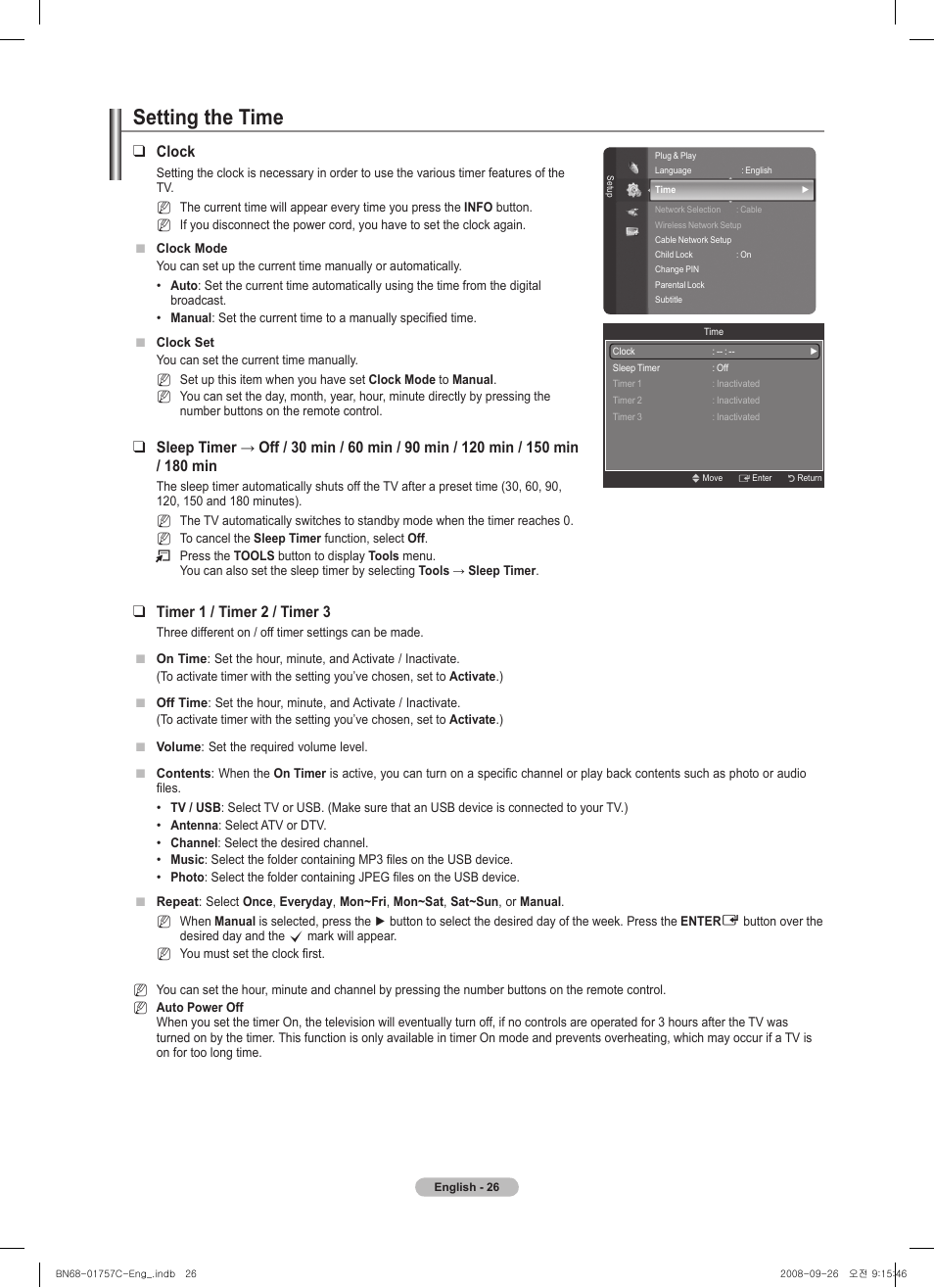 Setting the time, Clock, Timer 1 / timer  / timer 3 | Samsung PS50A756T1M User Manual | Page 26 / 503