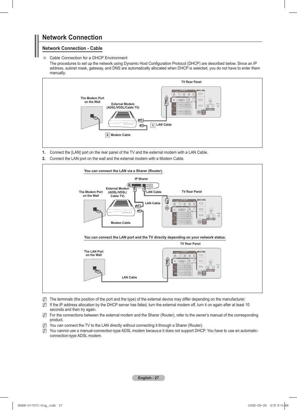 Network connection, Network connection - cable | Samsung PS50A756T1M User Manual | Page 27 / 503