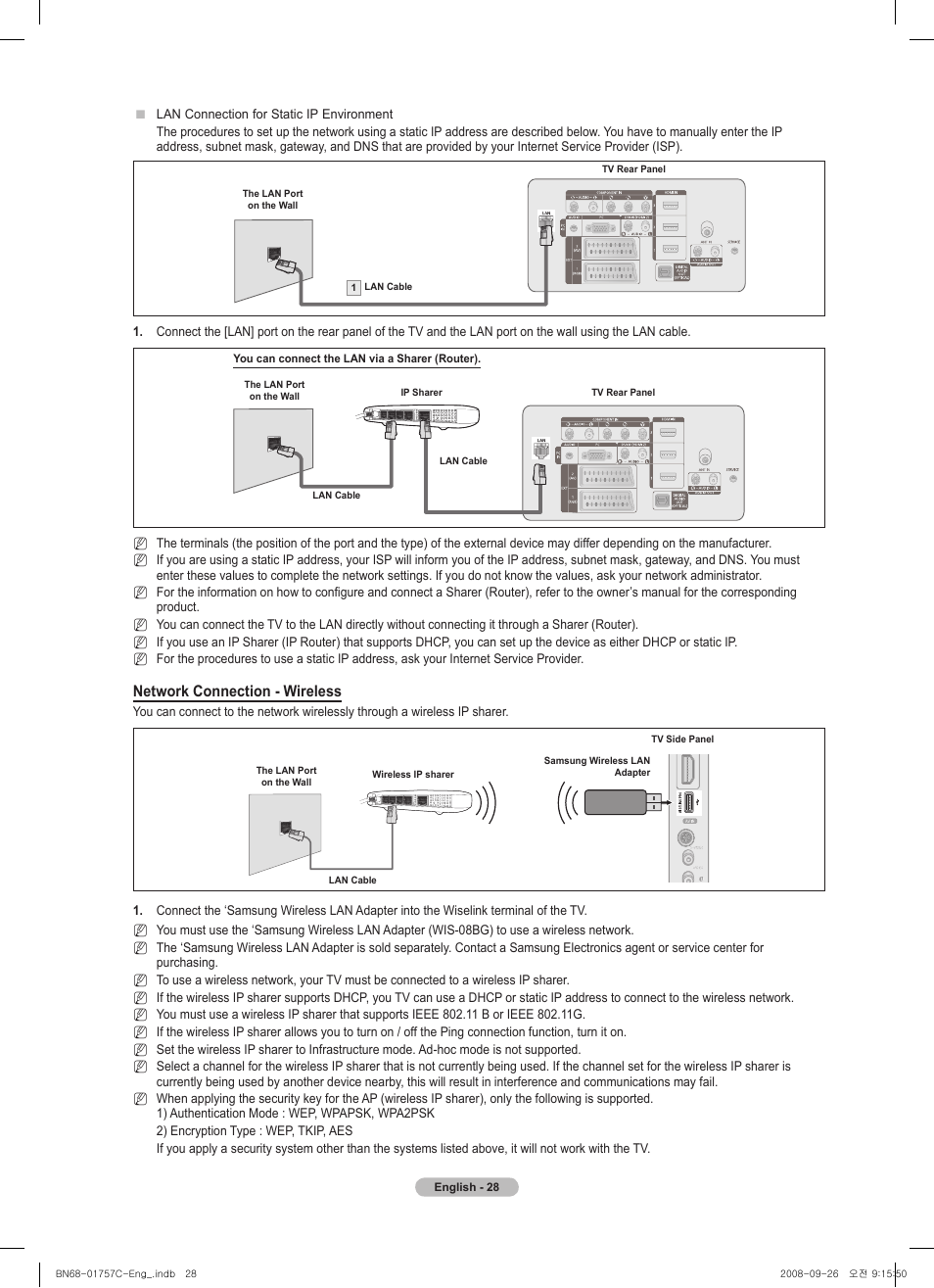 Network connection - wireless | Samsung PS50A756T1M User Manual | Page 28 / 503