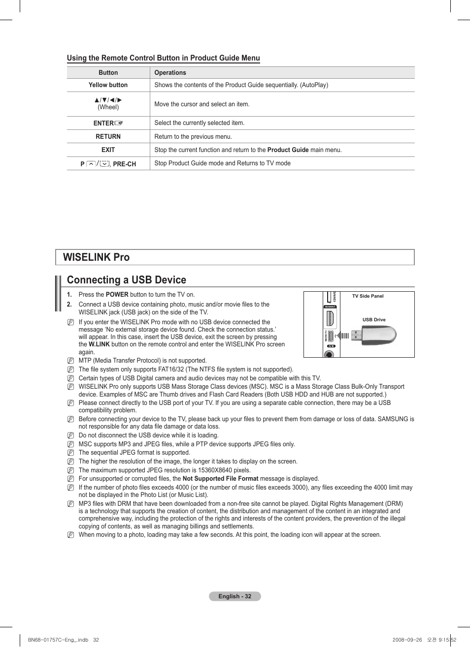 Wiselink pro connecting a usb device | Samsung PS50A756T1M User Manual | Page 32 / 503