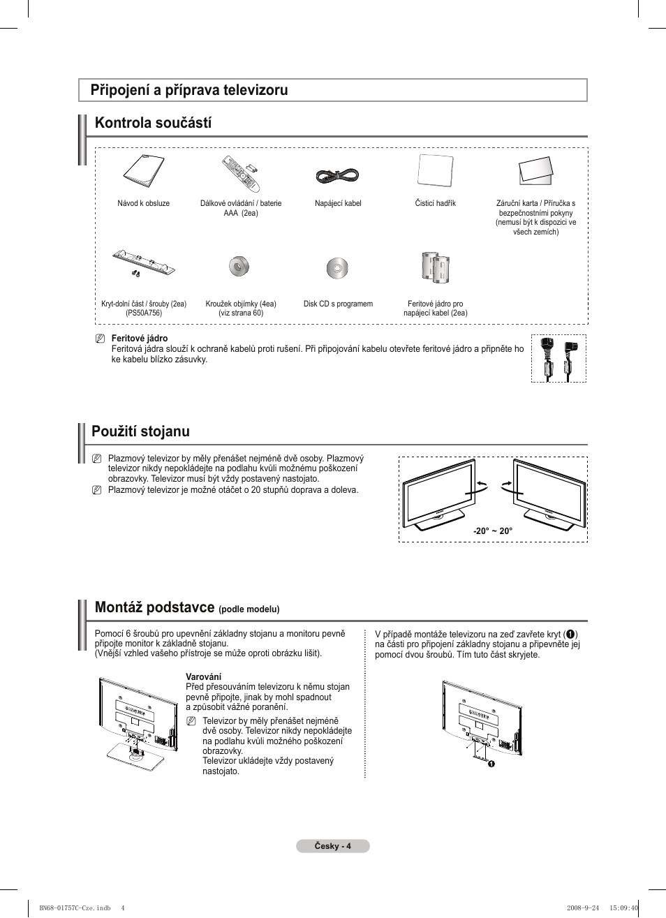 Připojení a příprava televizoru kontrola součástí, Použití stojanu, Montáž podstavce | Samsung PS50A756T1M User Manual | Page 320 / 503