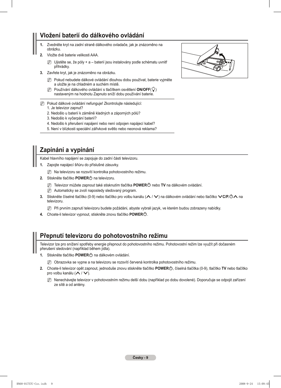 Vložení baterií do dálkového ovládání, Zapínání a vypínání, Přepnutí televizoru do pohotovostního režimu | Samsung PS50A756T1M User Manual | Page 325 / 503