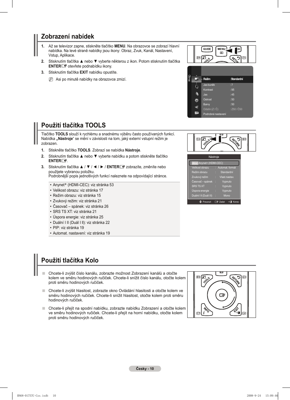 Zobrazení nabídek, Použití tlačítka tools, Použití tlačítka kolo | Samsung PS50A756T1M User Manual | Page 326 / 503