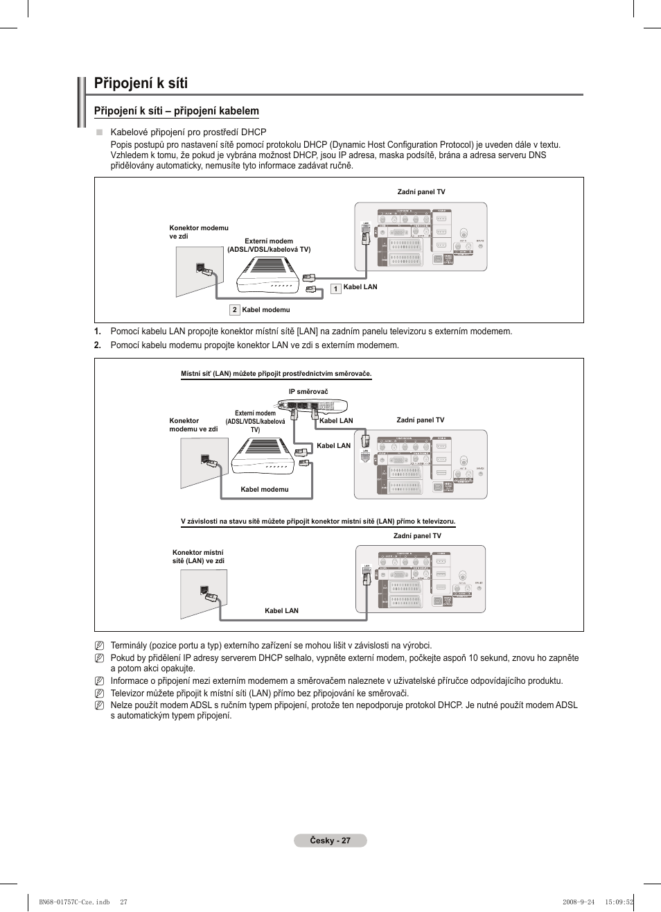 Připojení k síti, Připojení k síti – připojení kabelem | Samsung PS50A756T1M User Manual | Page 343 / 503