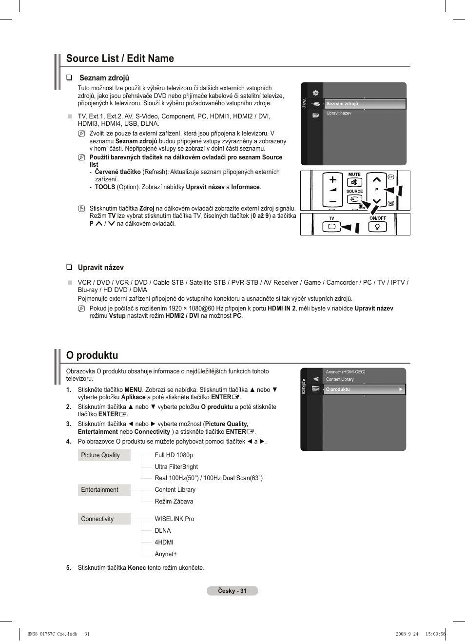 O produktu, Source list / edit name | Samsung PS50A756T1M User Manual | Page 347 / 503