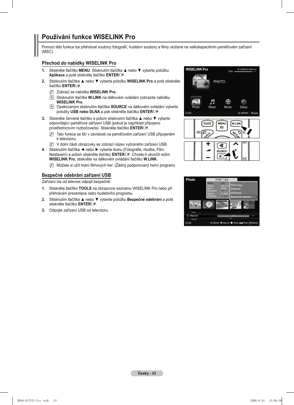 Používání funkce wiselink pro, Přechod do nabídky wiselink pro, Bezpečné odebrání zařízení usb | Samsung PS50A756T1M User Manual | Page 349 / 503