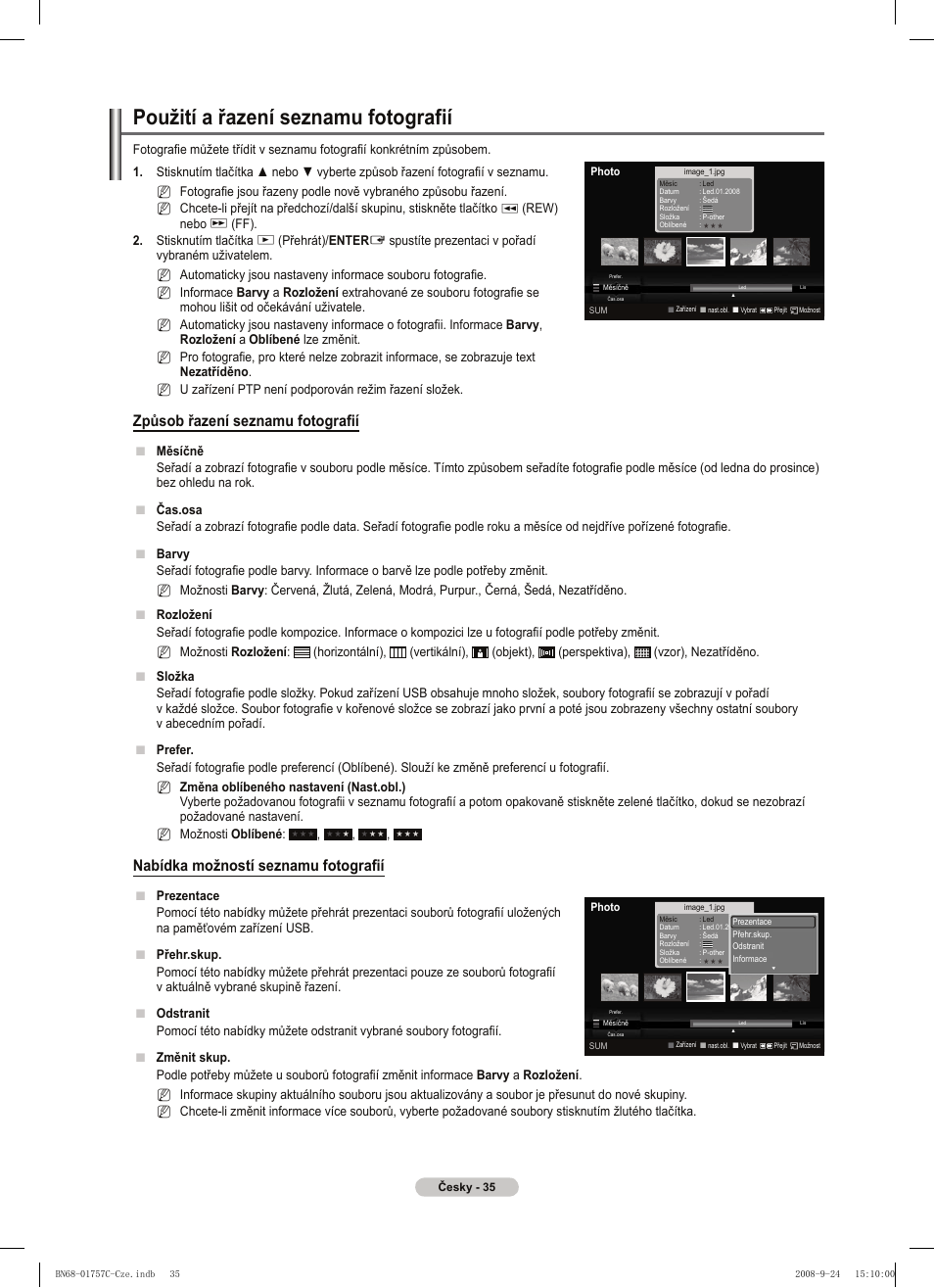Použití a řazení seznamu fotografií, Způsob řazení seznamu fotografií, Nabídka možností seznamu fotografií | Samsung PS50A756T1M User Manual | Page 351 / 503
