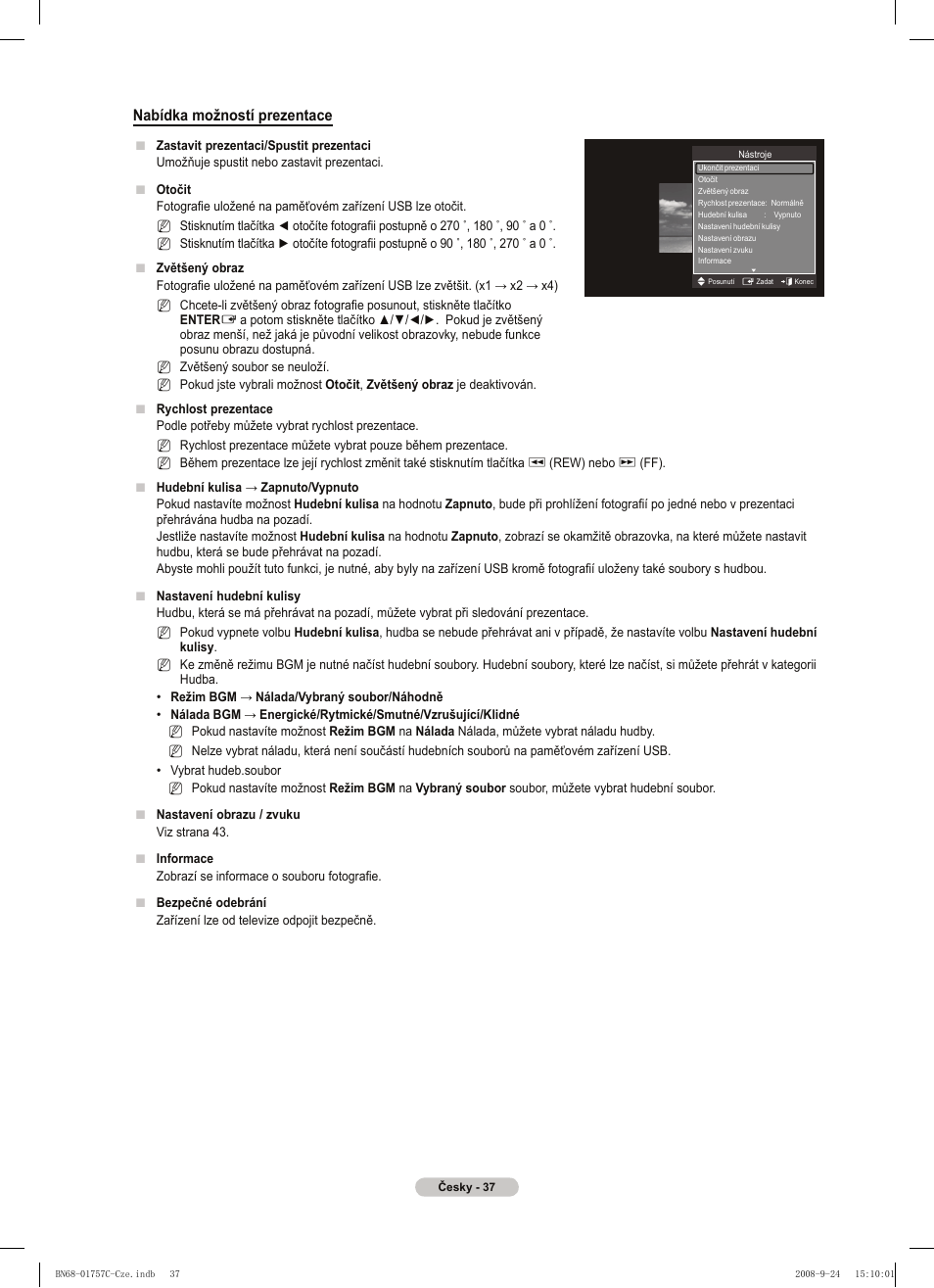 Nabídka možností prezentace | Samsung PS50A756T1M User Manual | Page 353 / 503