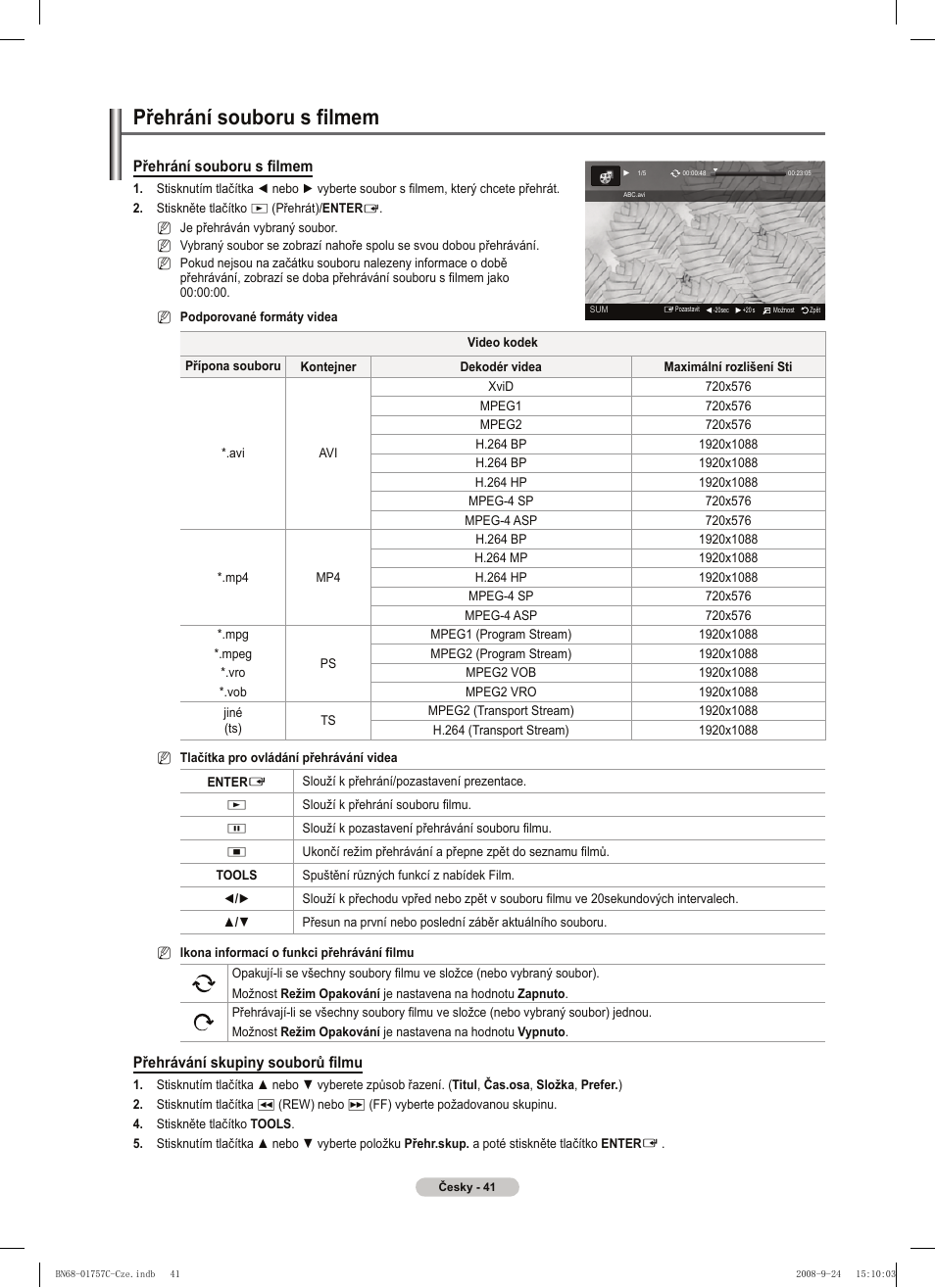 Přehrání souboru s filmem, Přehrávání skupiny souborů filmu | Samsung PS50A756T1M User Manual | Page 357 / 503