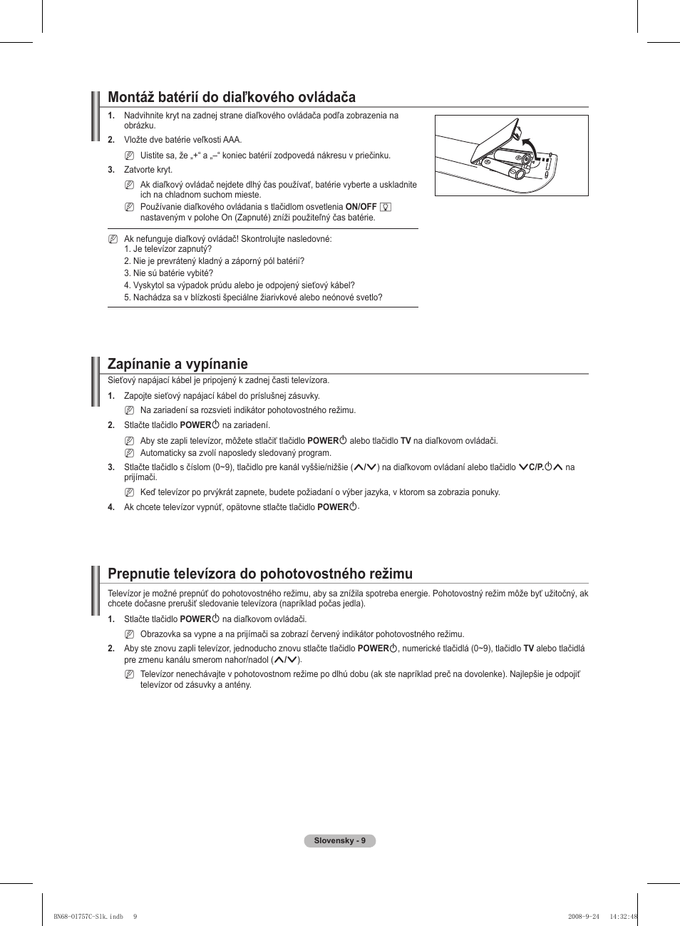 Montáž batérií do diaľkového ovládača, Zapínanie a vypínanie, Prepnutie televízora do pohotovostného režimu | Samsung PS50A756T1M User Manual | Page 387 / 503