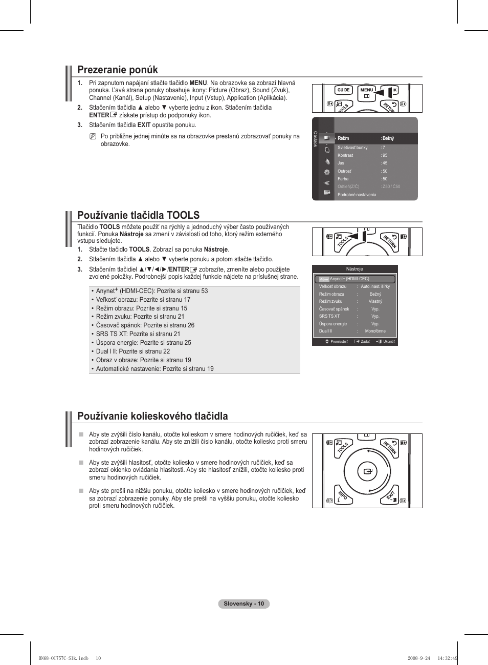 Prezeranie ponúk, Používanie tlačidla tools, Používanie kolieskového tlačidla | Samsung PS50A756T1M User Manual | Page 388 / 503