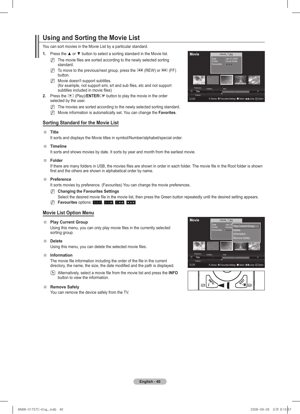 Using and sorting the movie list, Sorting standard for the movie list, Movie list option menu | Samsung PS50A756T1M User Manual | Page 40 / 503