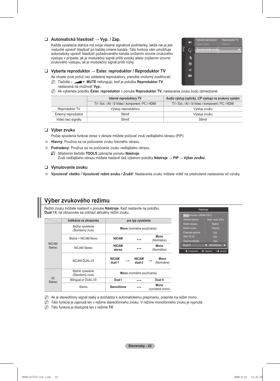 Výber zvukového režimu, Automatická hlasitosť → vyp. / zap, Výber zvuku | Vynulovanie zvuku | Samsung PS50A756T1M User Manual | Page 400 / 503