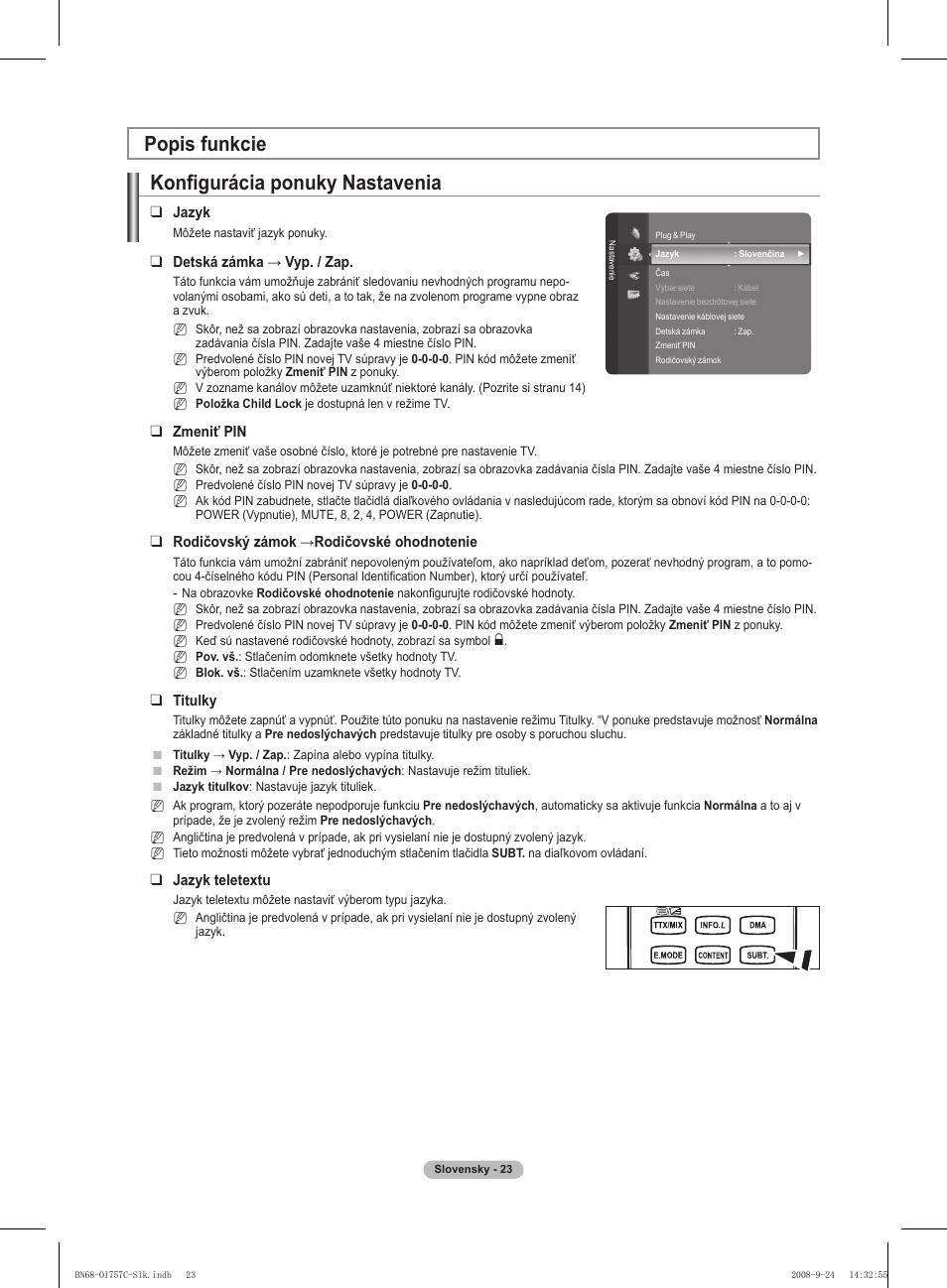 Konfigurácia ponuky nastavenia, Popis funkcie | Samsung PS50A756T1M User Manual | Page 401 / 503