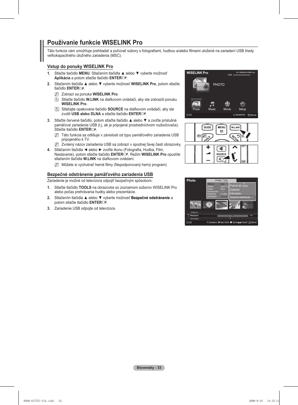 Používanie funkcie wiselink pro, Vstup do ponuky wiselink pro, Bezpečné odstránenie pamäťového zariadenia usb | Samsung PS50A756T1M User Manual | Page 411 / 503