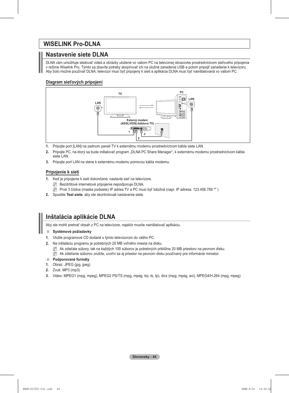Wiselink pro-dlna nastavenie siete dlna, Inštalácia aplikácie dlna | Samsung PS50A756T1M User Manual | Page 422 / 503