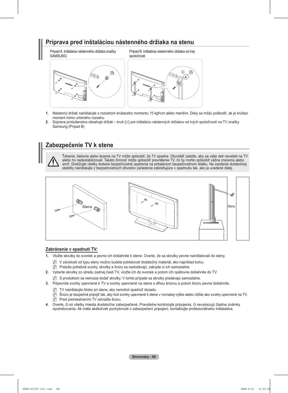 경고 주의 경고 주의, Zabezpečenie tv k stene | Samsung PS50A756T1M User Manual | Page 438 / 503