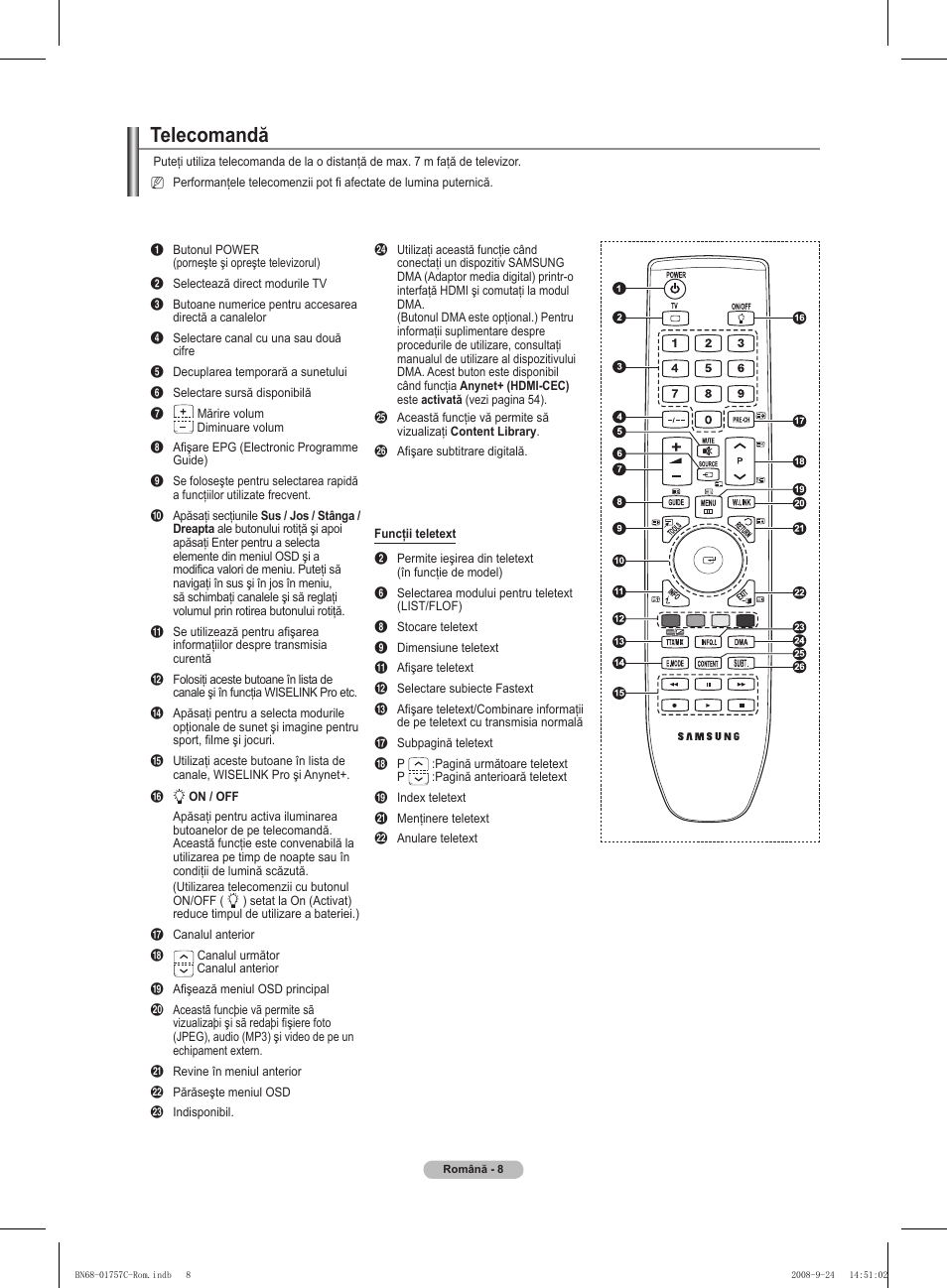 Telecomandă | Samsung PS50A756T1M User Manual | Page 448 / 503