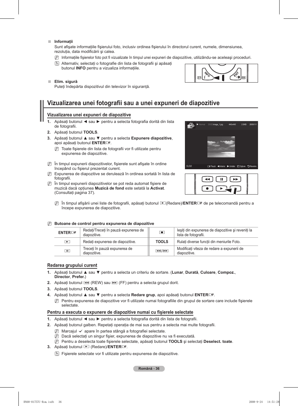 Vizualizarea unei expuneri de diapozitive, Redarea grupului curent | Samsung PS50A756T1M User Manual | Page 476 / 503