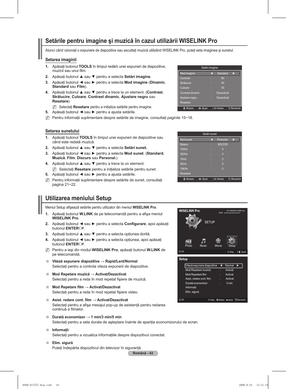 Utilizarea meniului setup, Setarea imaginii, Setarea sunetului | Samsung PS50A756T1M User Manual | Page 483 / 503