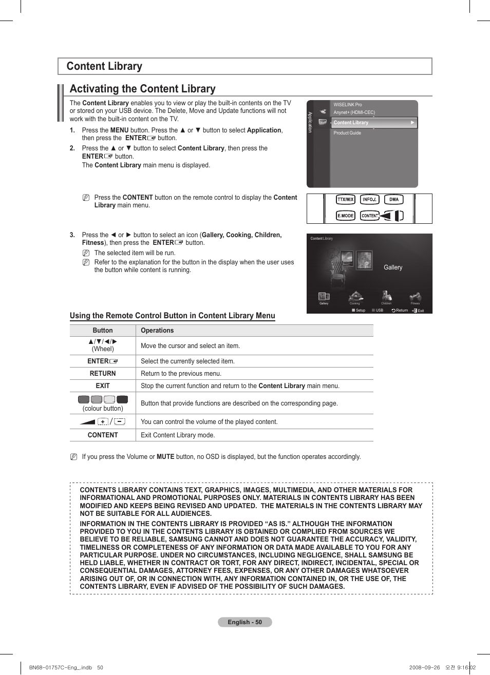 Activating the content library, Content library | Samsung PS50A756T1M User Manual | Page 50 / 503